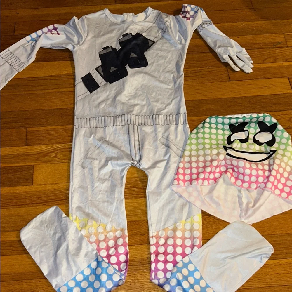 DJ Marshmallow boys costume pre loved mask and one piece as seen in Fortnite
